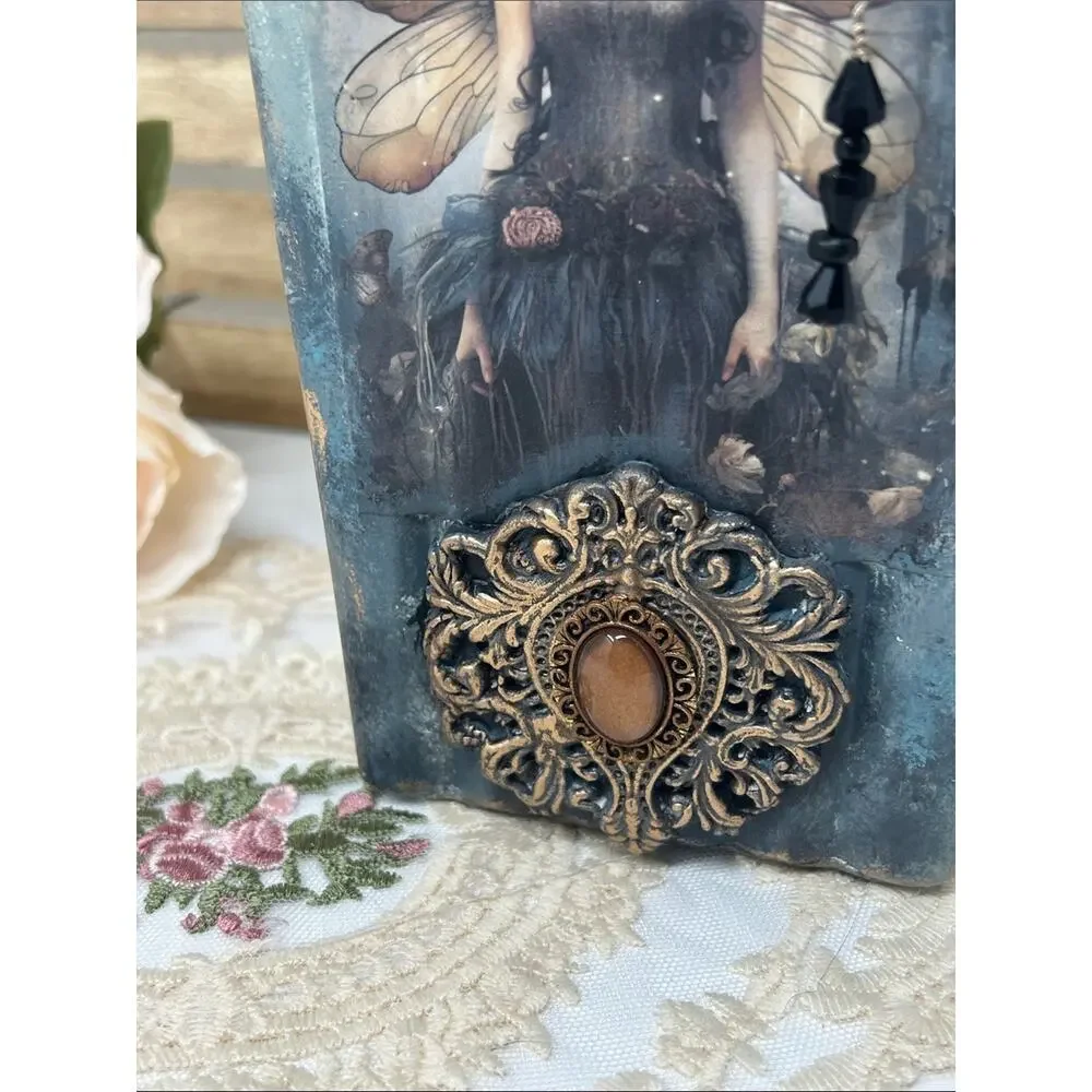 Handcrafted Fairy Art Décor Bottle in Teal with Black Beaded Accent